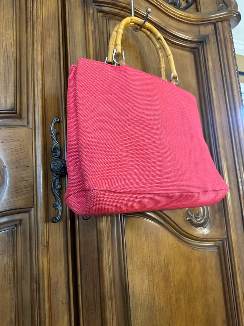 Fossil Watermelon Pink Bamboo-Handle Women's Tweed Mid -Large Top-Handle Bag - Picture 4 of 14